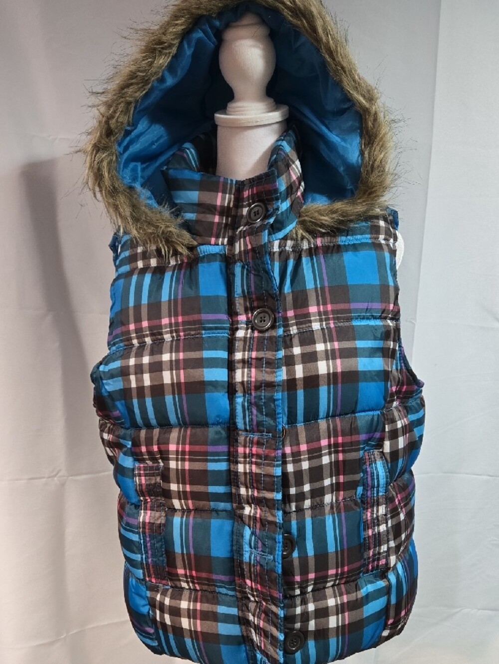 Arizona Jean Company Blue and Black Plaid Puffer Vest, Size Xl Womens.